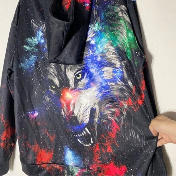 Black Red Multicolour Wolf Galaxy Hoodie XL - Picture 3 of 15